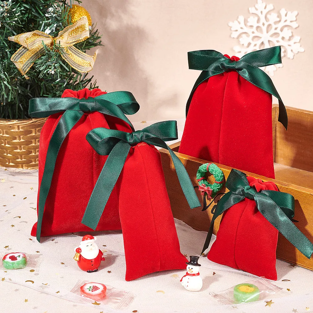 1 Bag 20Pcs 4 Styles Velvet Gift Bags Red Gift Bags Storage Pouch with Dark Green Drawstring Ribbon for Candy Jewelry Organizer, Valentine's Day Party