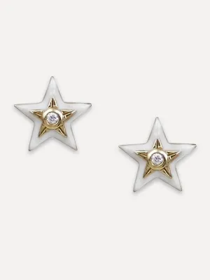 14K Diamond & White Enamel Star Studs