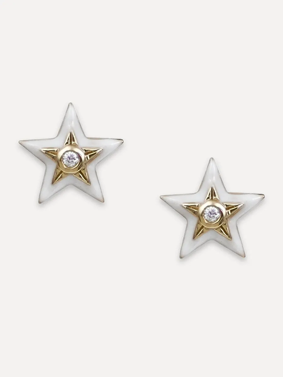 14K Diamond & White Enamel Star Studs