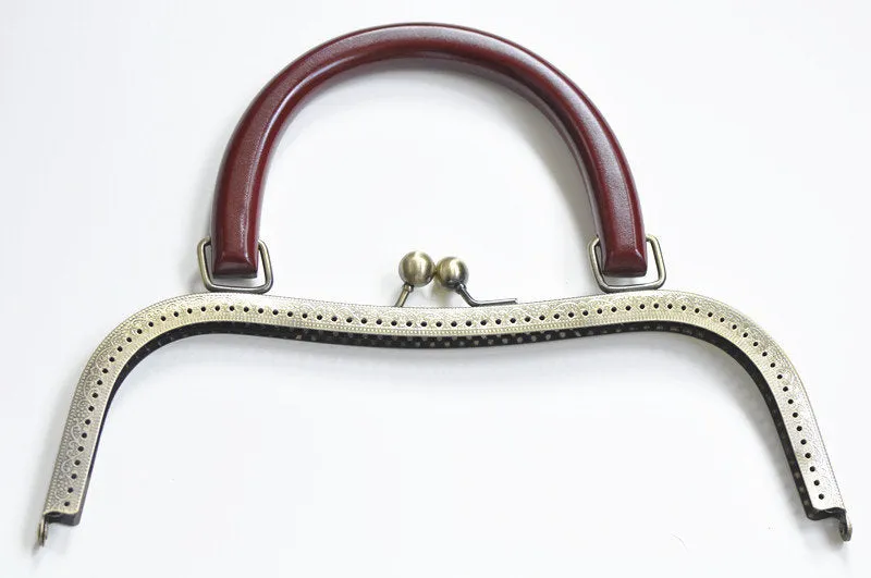 27cm ( 10") Antique Bronze Large Sewing Purse Frame With Natural Wood Handle