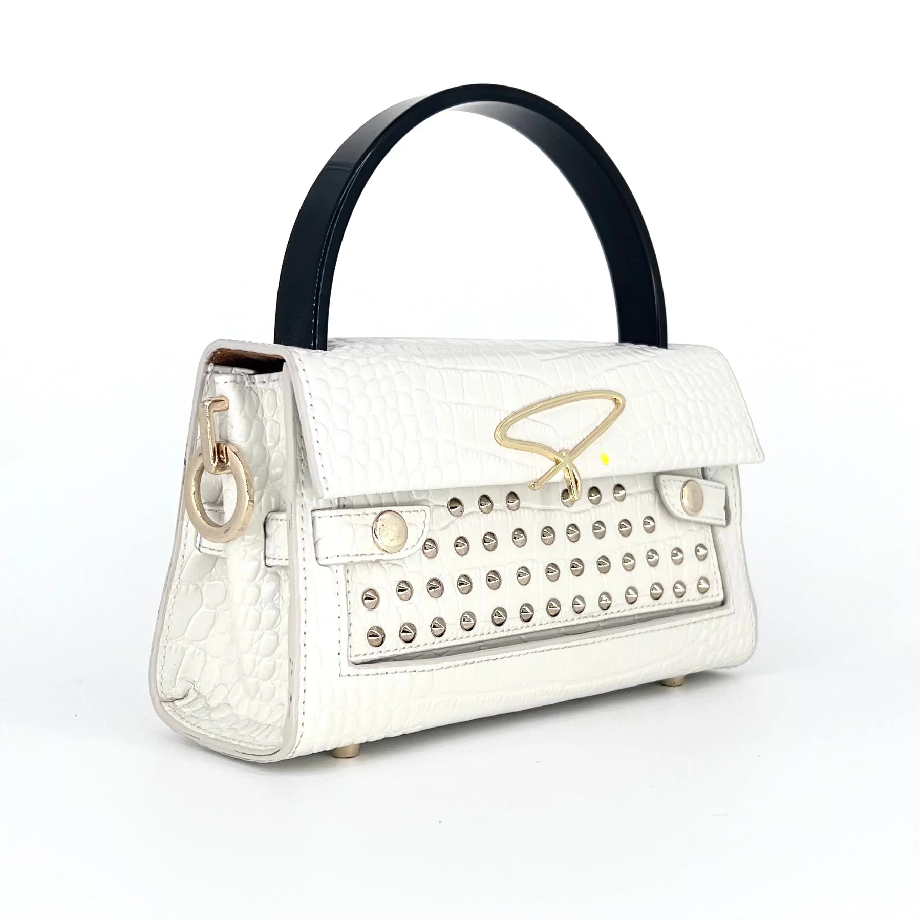 301W STUDDED SIGNATURE HANDLE BAG IN BLACK