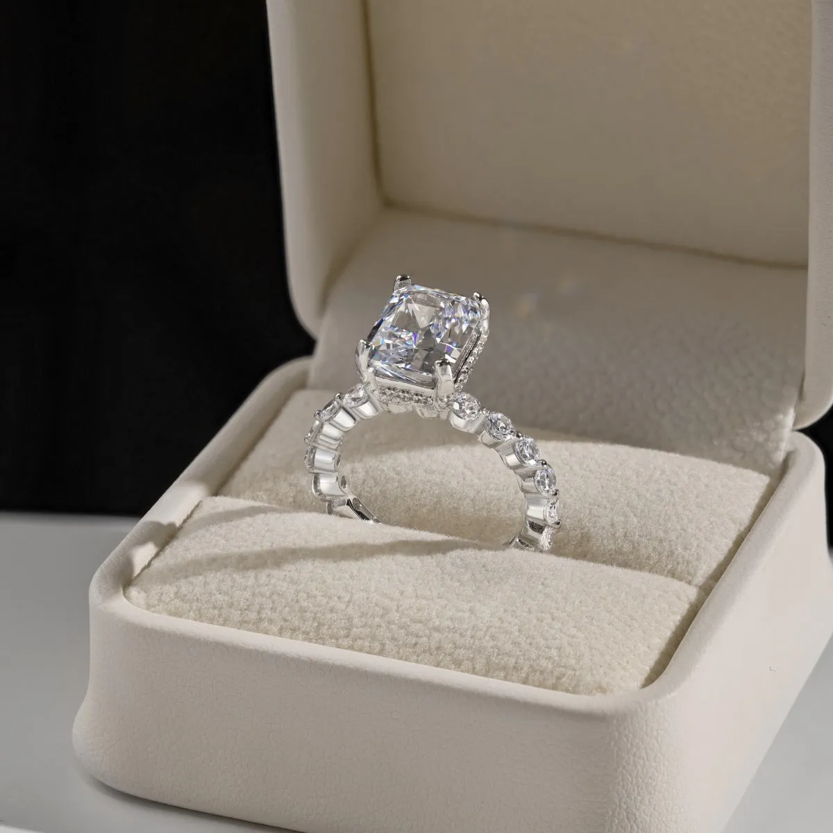 4 Carat Radiant Cut Hidden Halo Round Side Stone Engagement Ring