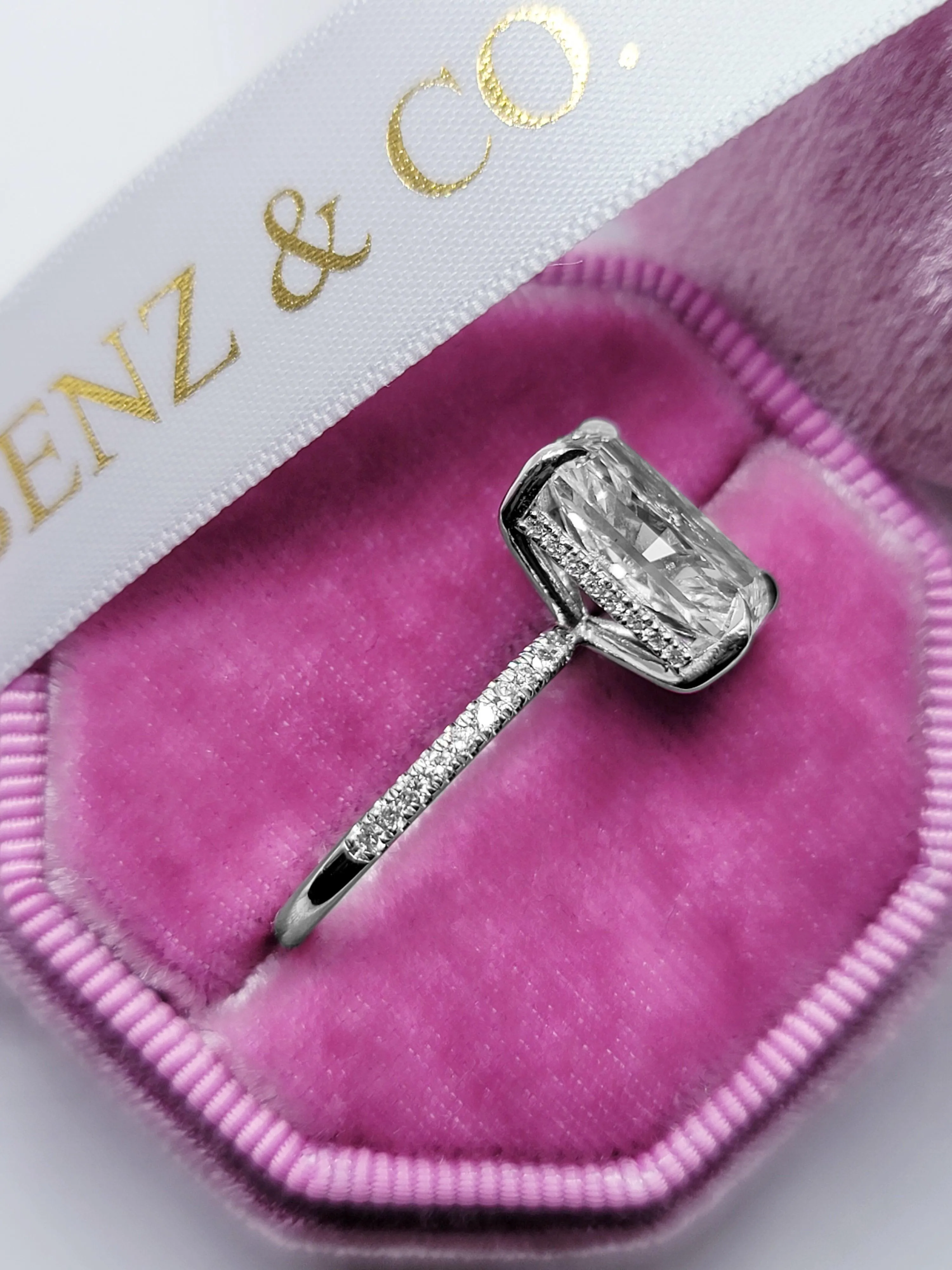 5.57 Carats Lab Grown Radiant Cut Micropaved Side Stones Hidden Halo Diamond Engagement Ring