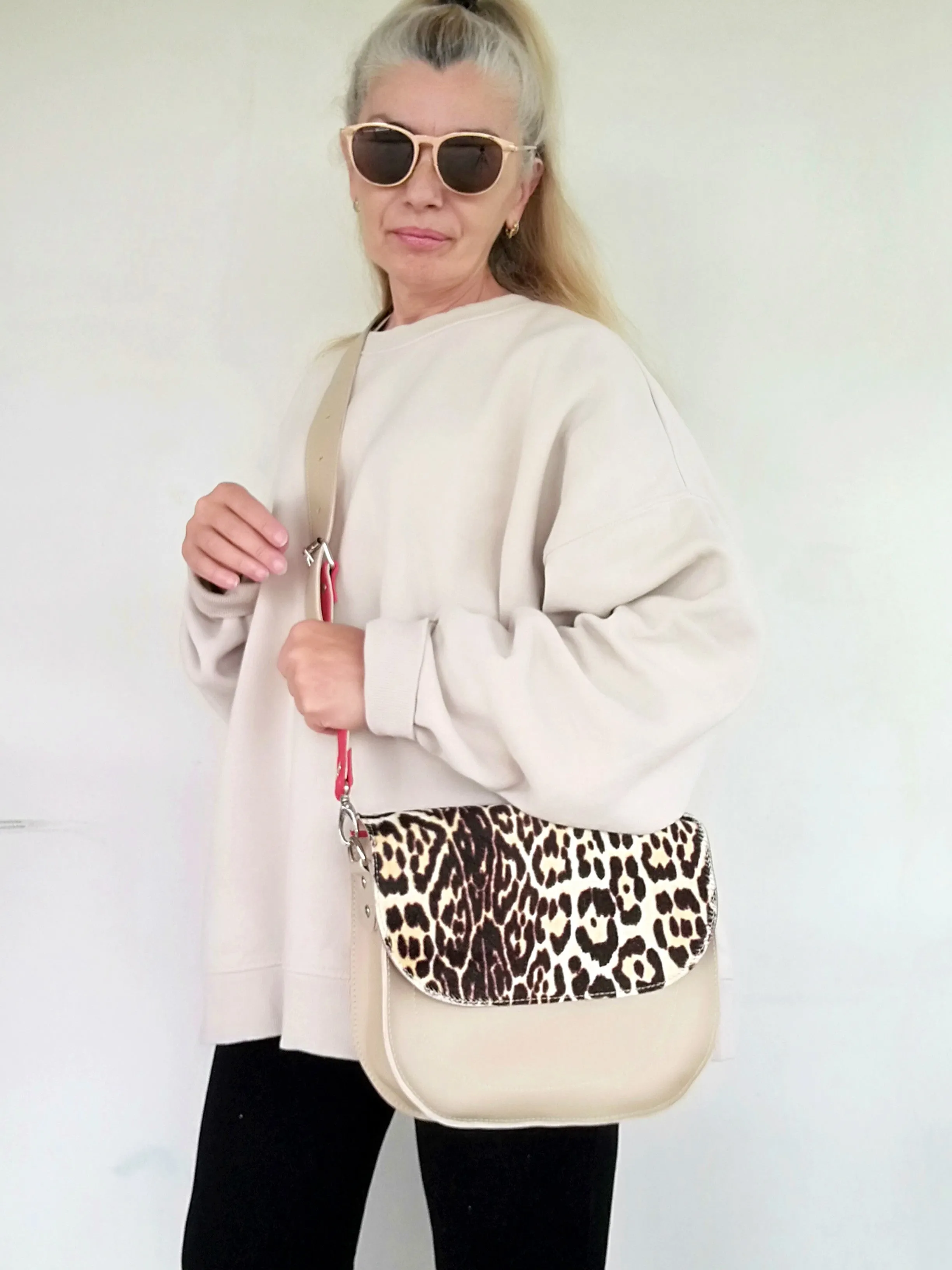 Animal Print Leather Bag Beige Mini Saddle Bag