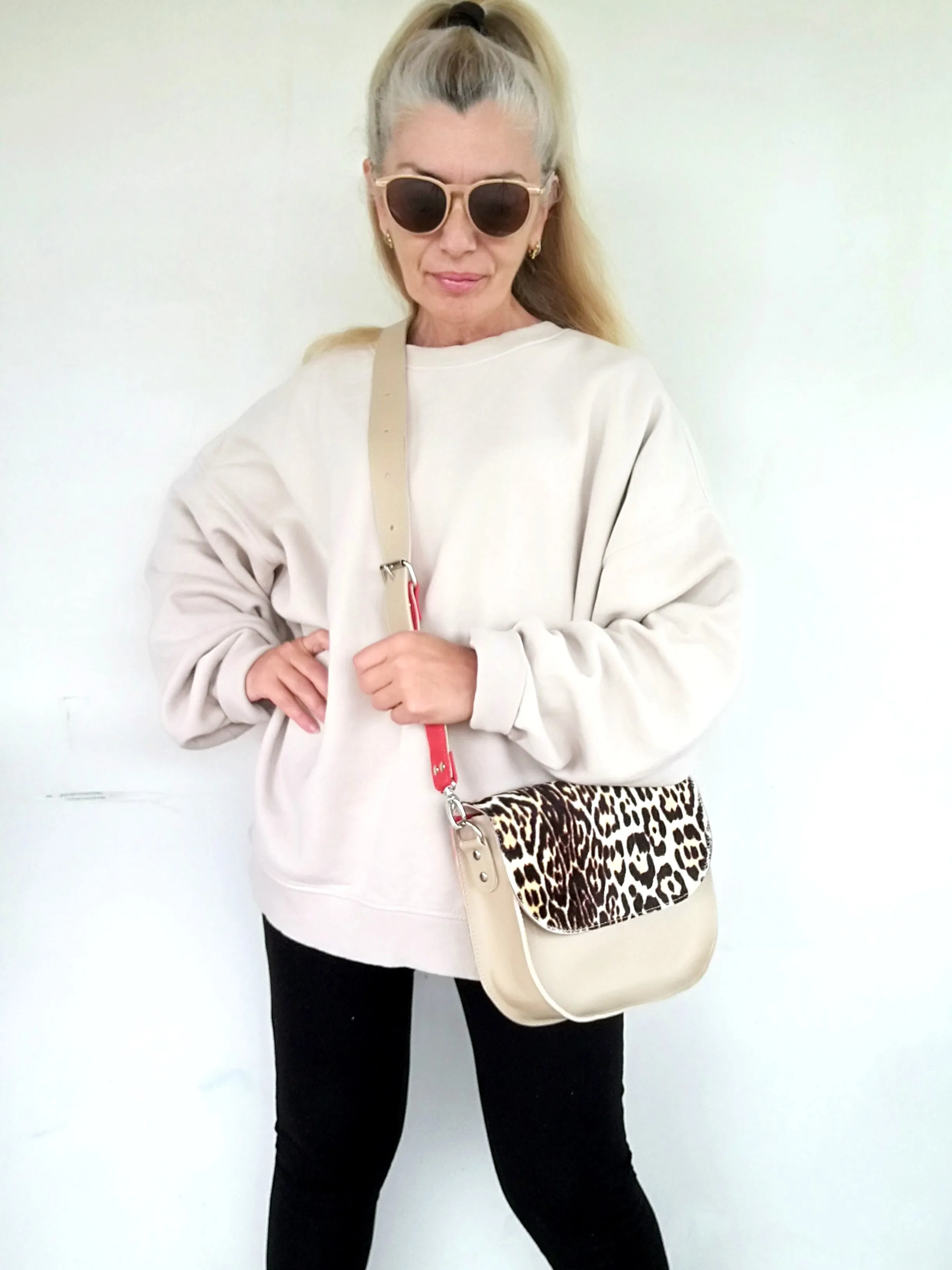 Animal Print Leather Bag Beige Mini Saddle Bag