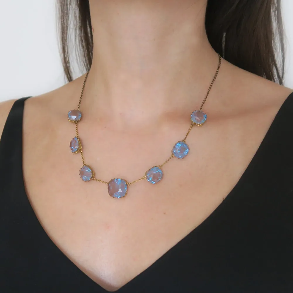 Antique Edwardian Art Deco Saphiret Cushion Cut Glass Necklace
