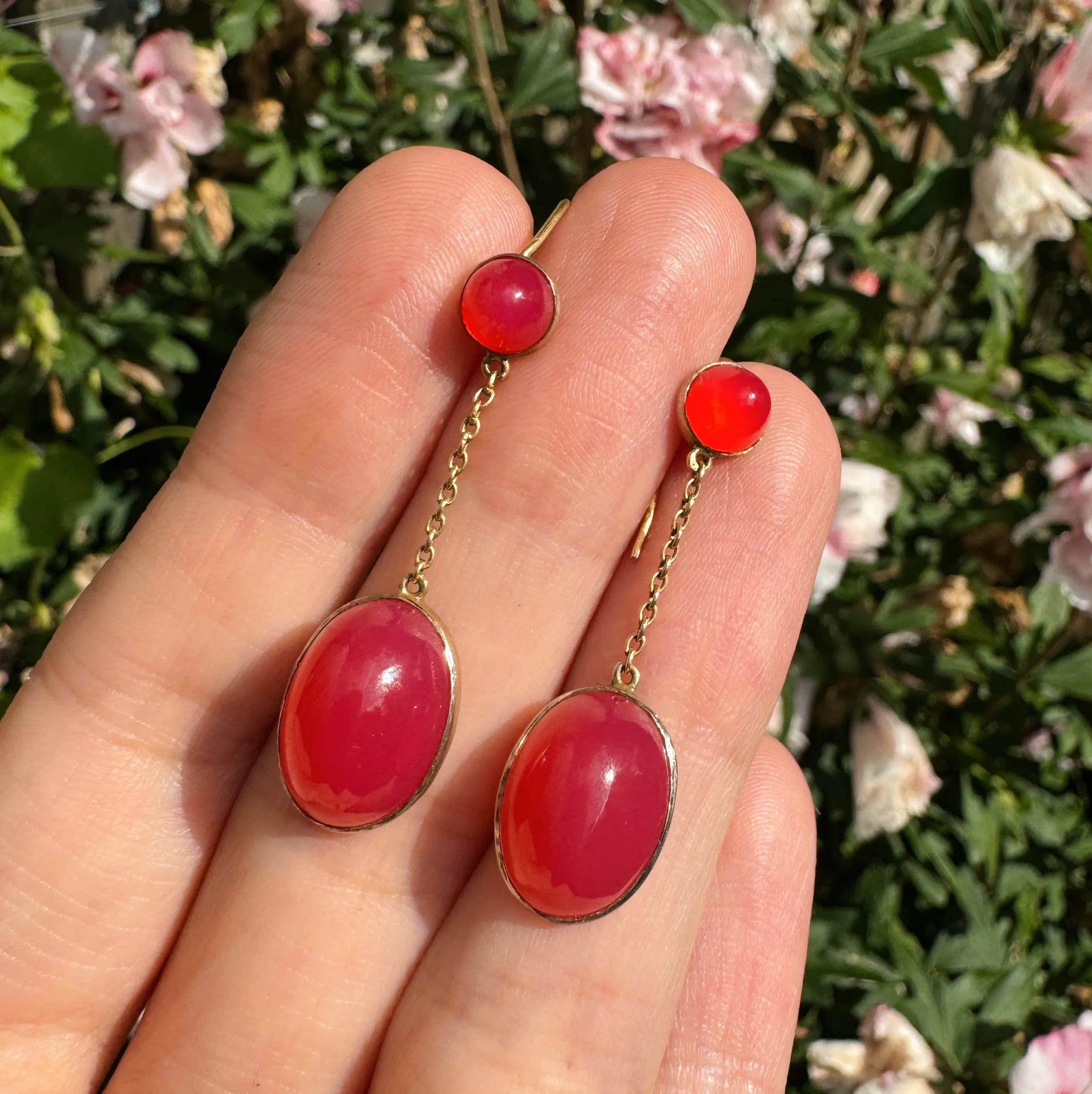 Antique Silver Gilt Cranberry Chalcedony Drop Earrings