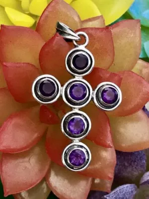 Antique Vintage Natural Amethyst Faceted Stone Sterling Silver 925 Cross Pendant