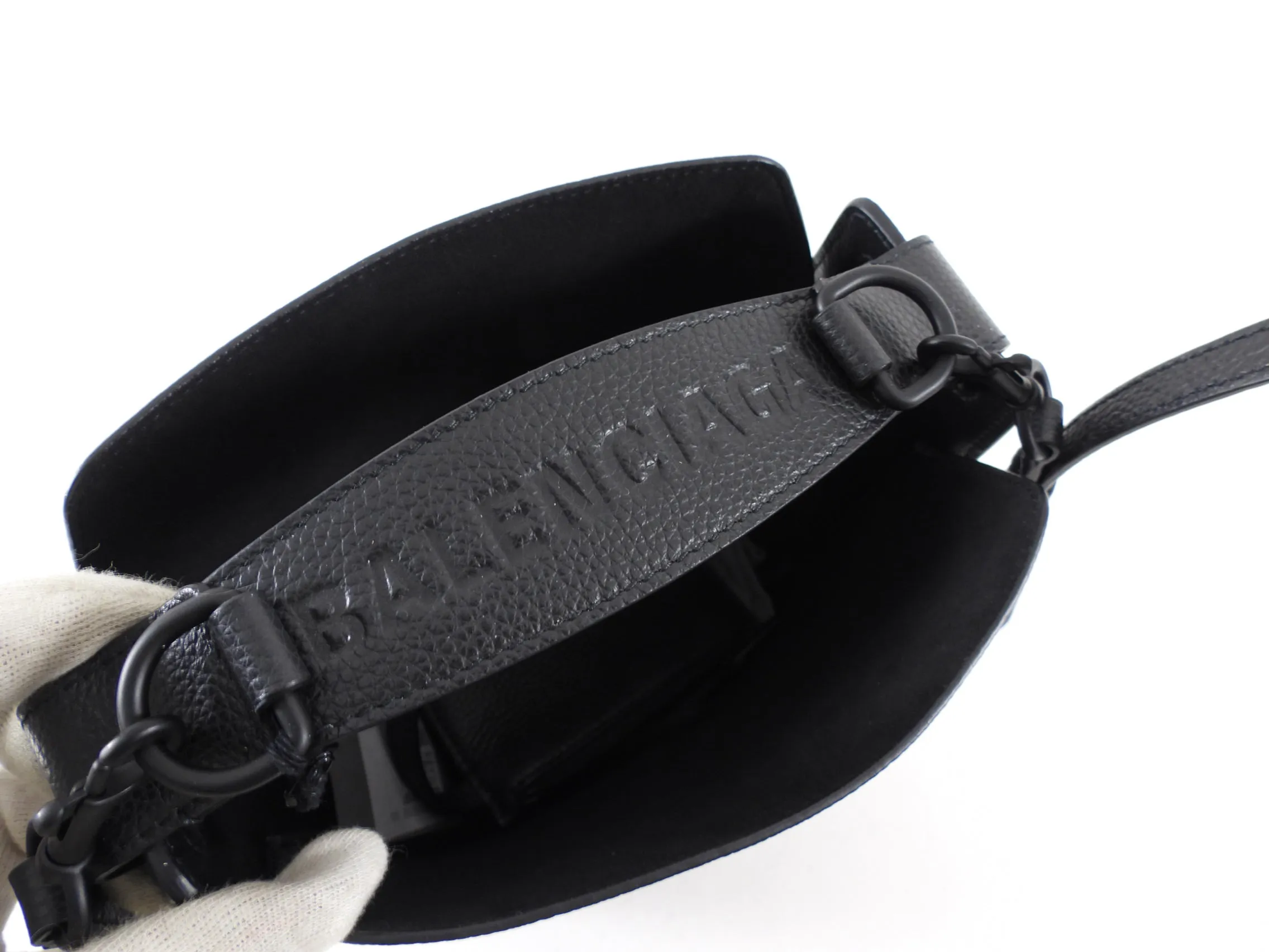Balenciaga Black Leather Tool 2.0 Two Way Logo Bucket Bag