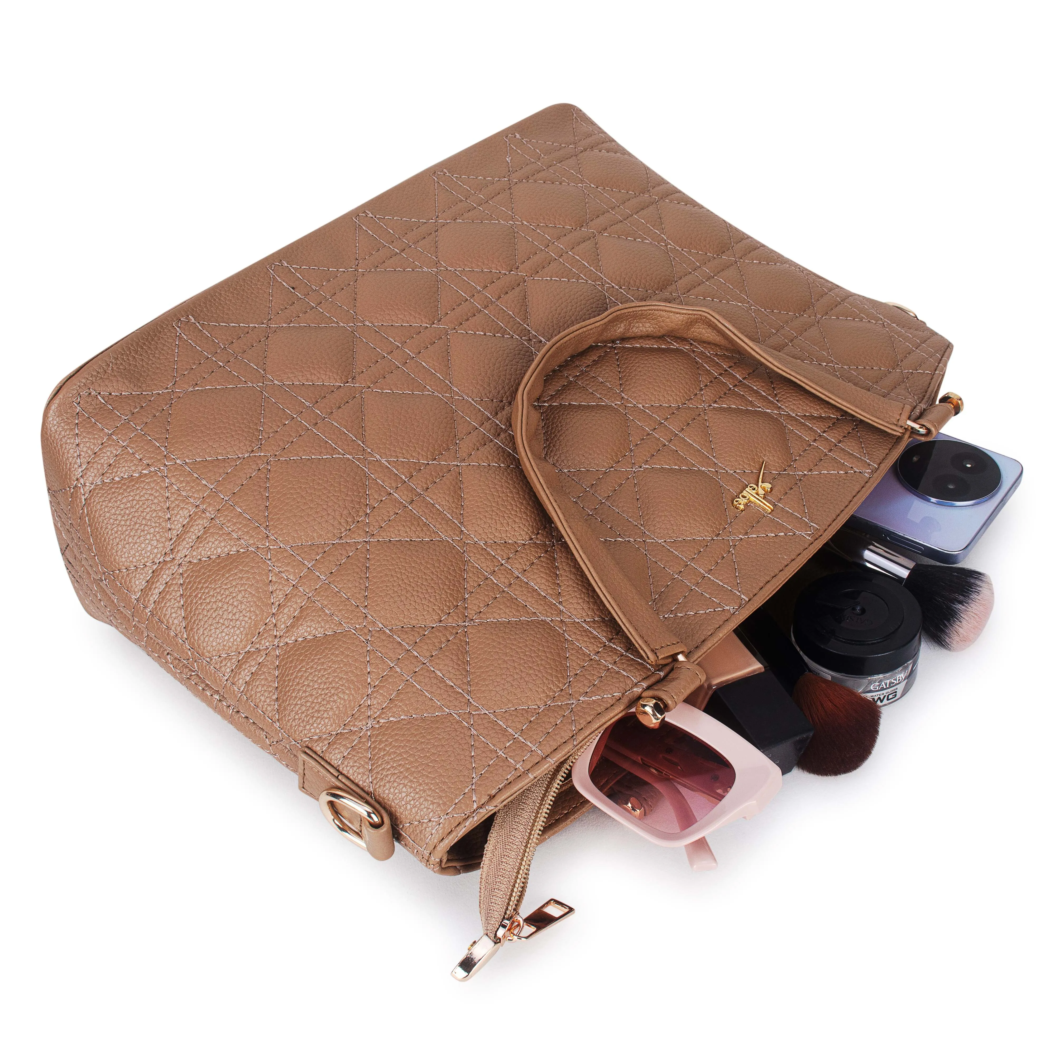 Beige Spacious Quilted Hand Bag