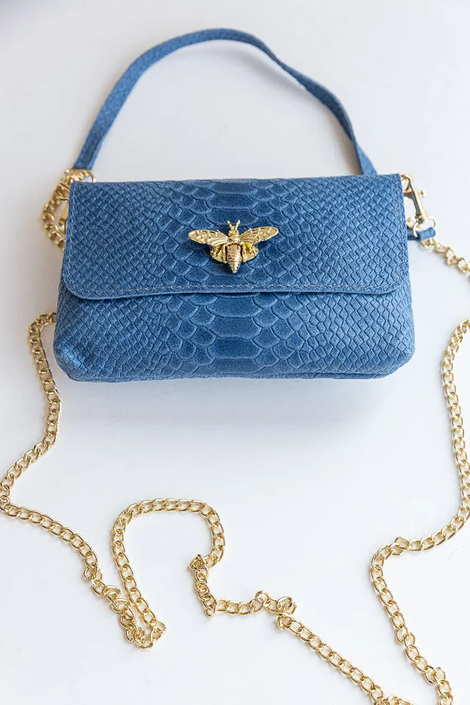 Camille Embossed Leather Crossbody/Clutch, Denim Blue