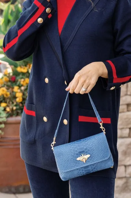 Camille Embossed Leather Crossbody/Clutch, Denim Blue
