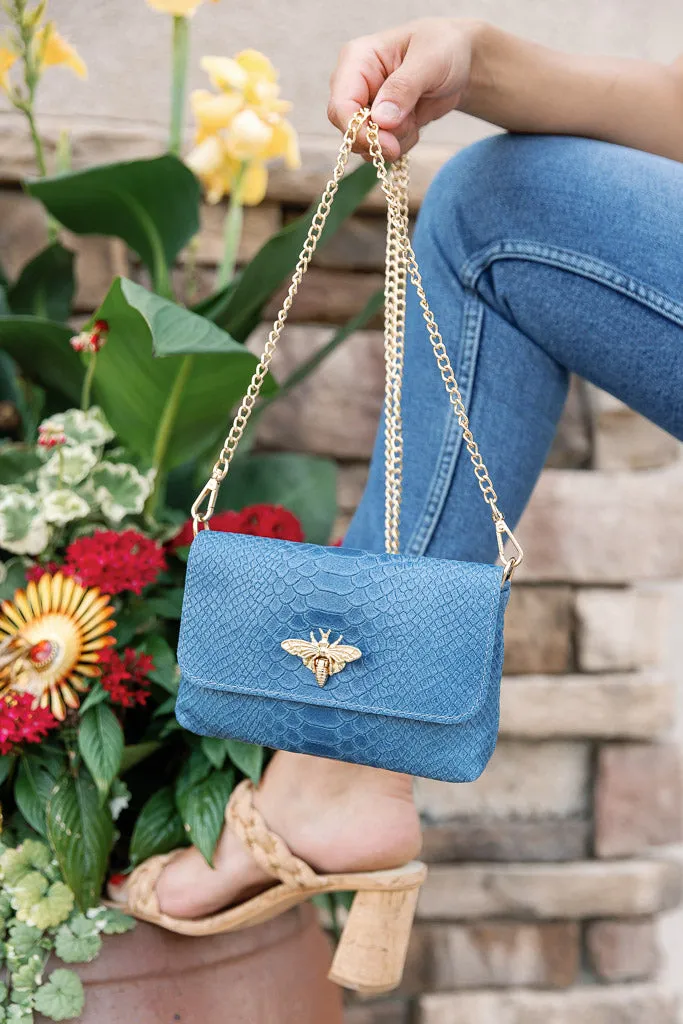 Camille Embossed Leather Crossbody/Clutch, Denim Blue