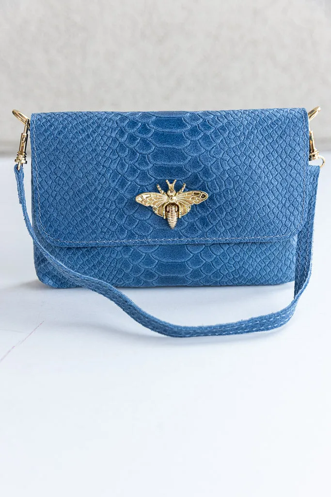 Camille Embossed Leather Crossbody/Clutch, Denim Blue