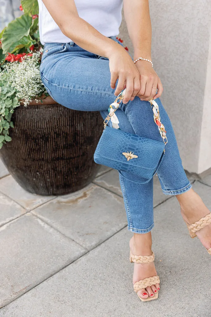 Camille Embossed Leather Crossbody/Clutch, Denim Blue