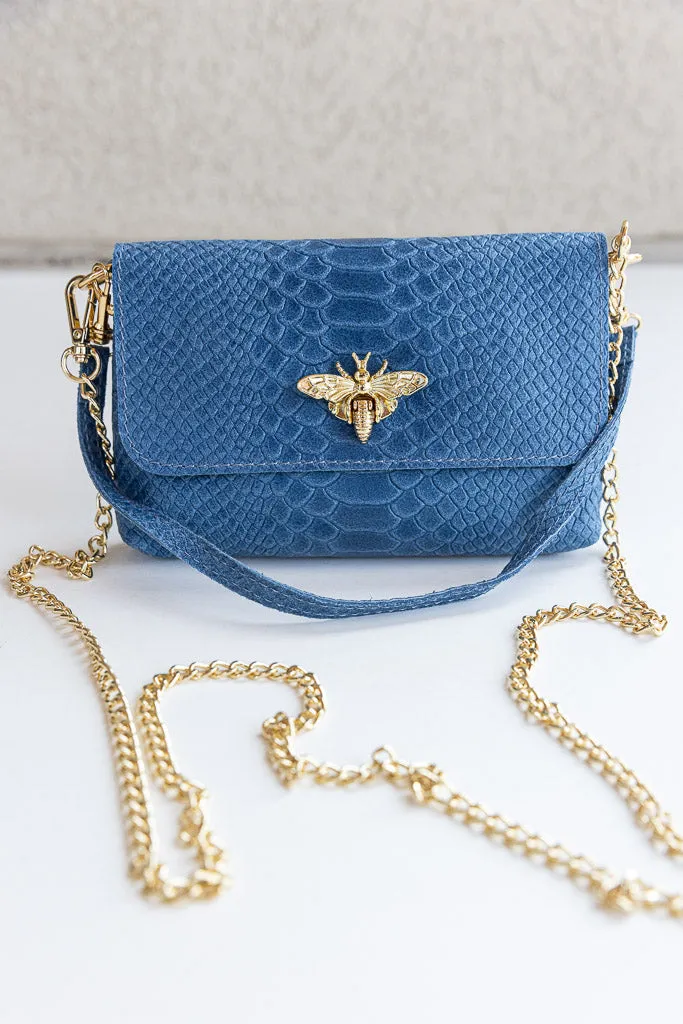 Camille Embossed Leather Crossbody/Clutch, Denim Blue