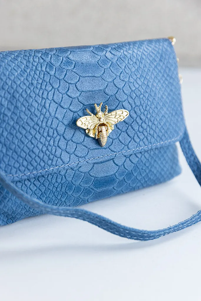 Camille Embossed Leather Crossbody/Clutch, Denim Blue