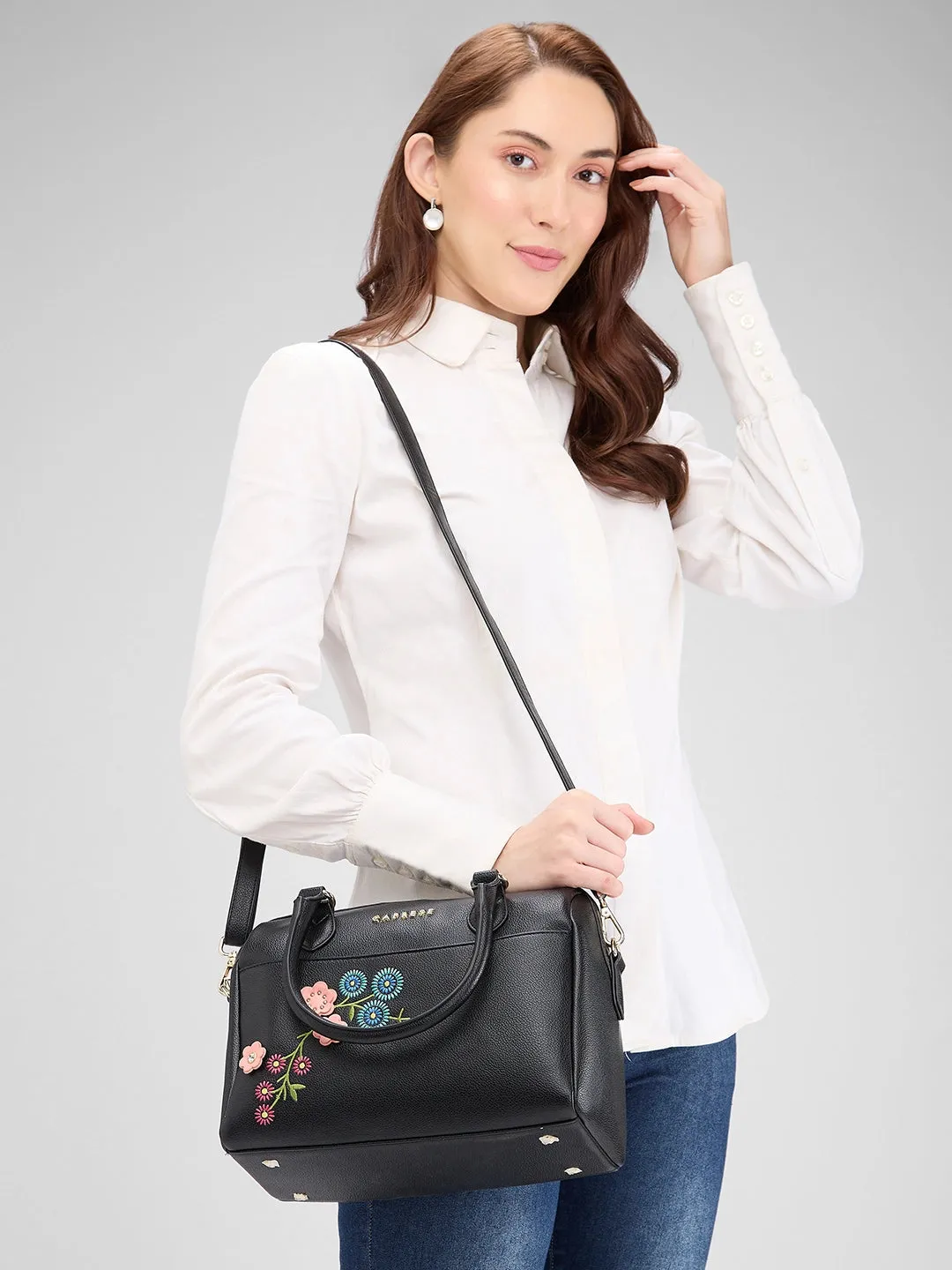 Caprese Erica Satchel Medium Black Embroidered Women's Handbag Black