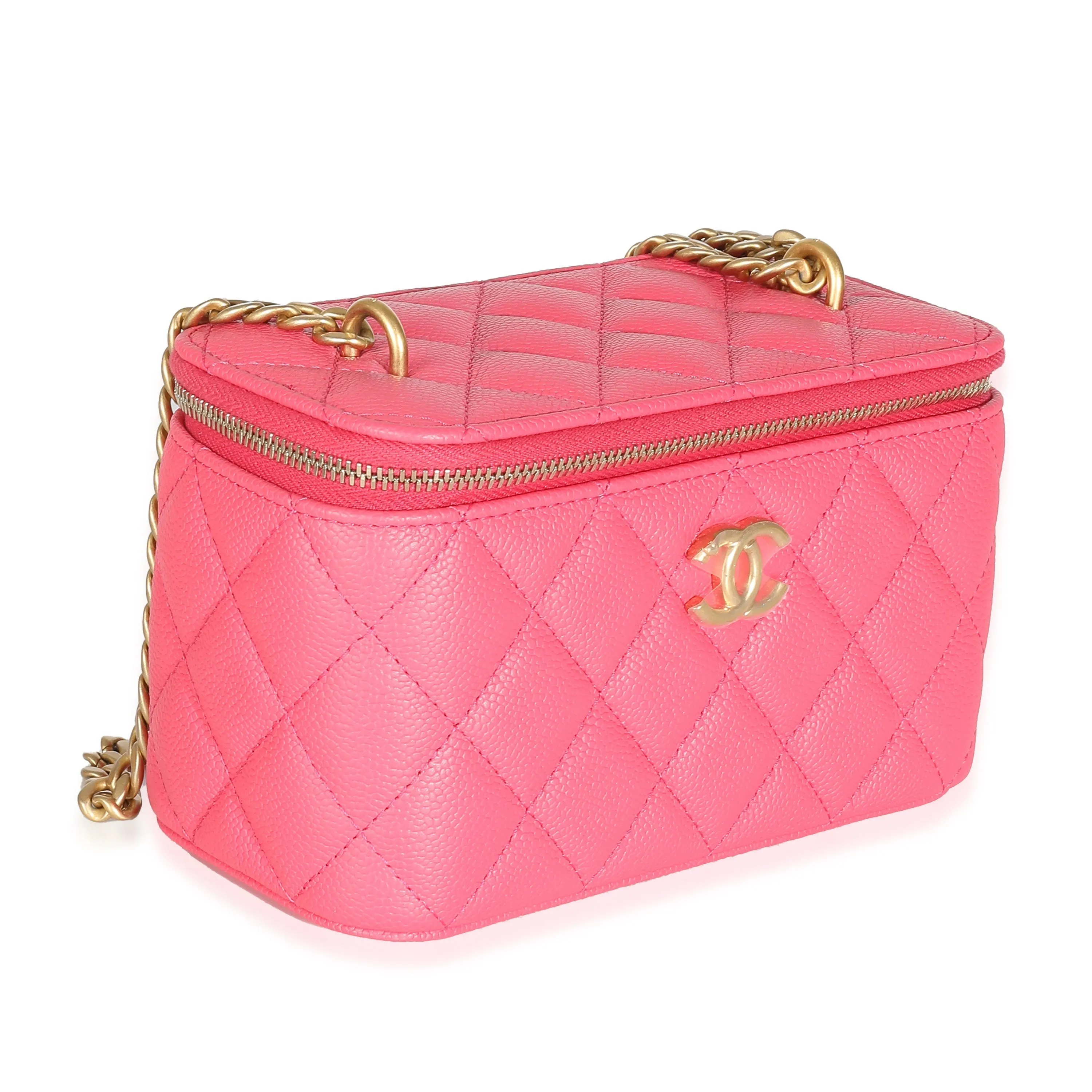 CHANEL 23P Pink Quilted Caviar Sweetheart Vanity Case With Chain