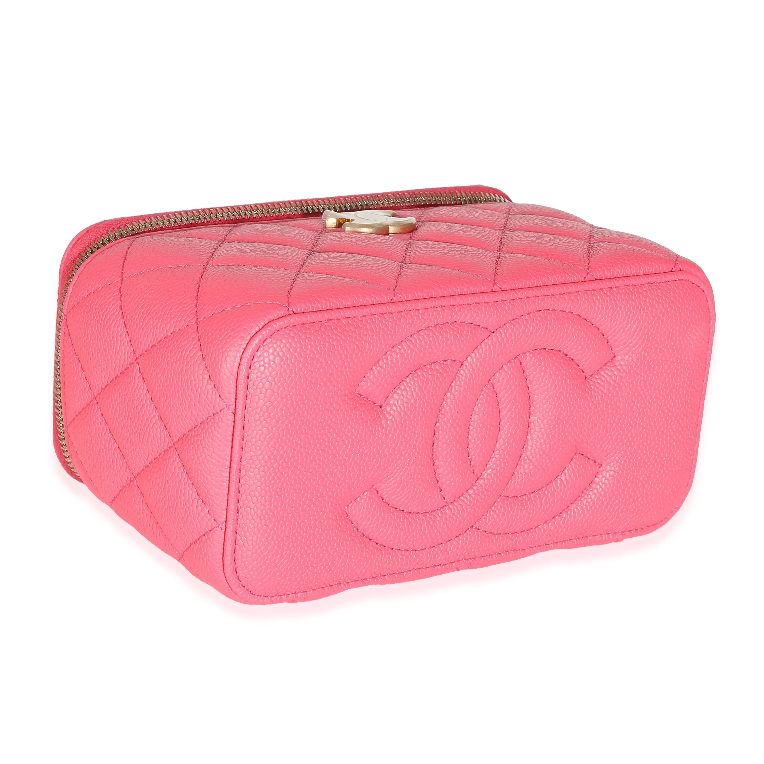 CHANEL 23P Pink Quilted Caviar Sweetheart Vanity Case With Chain