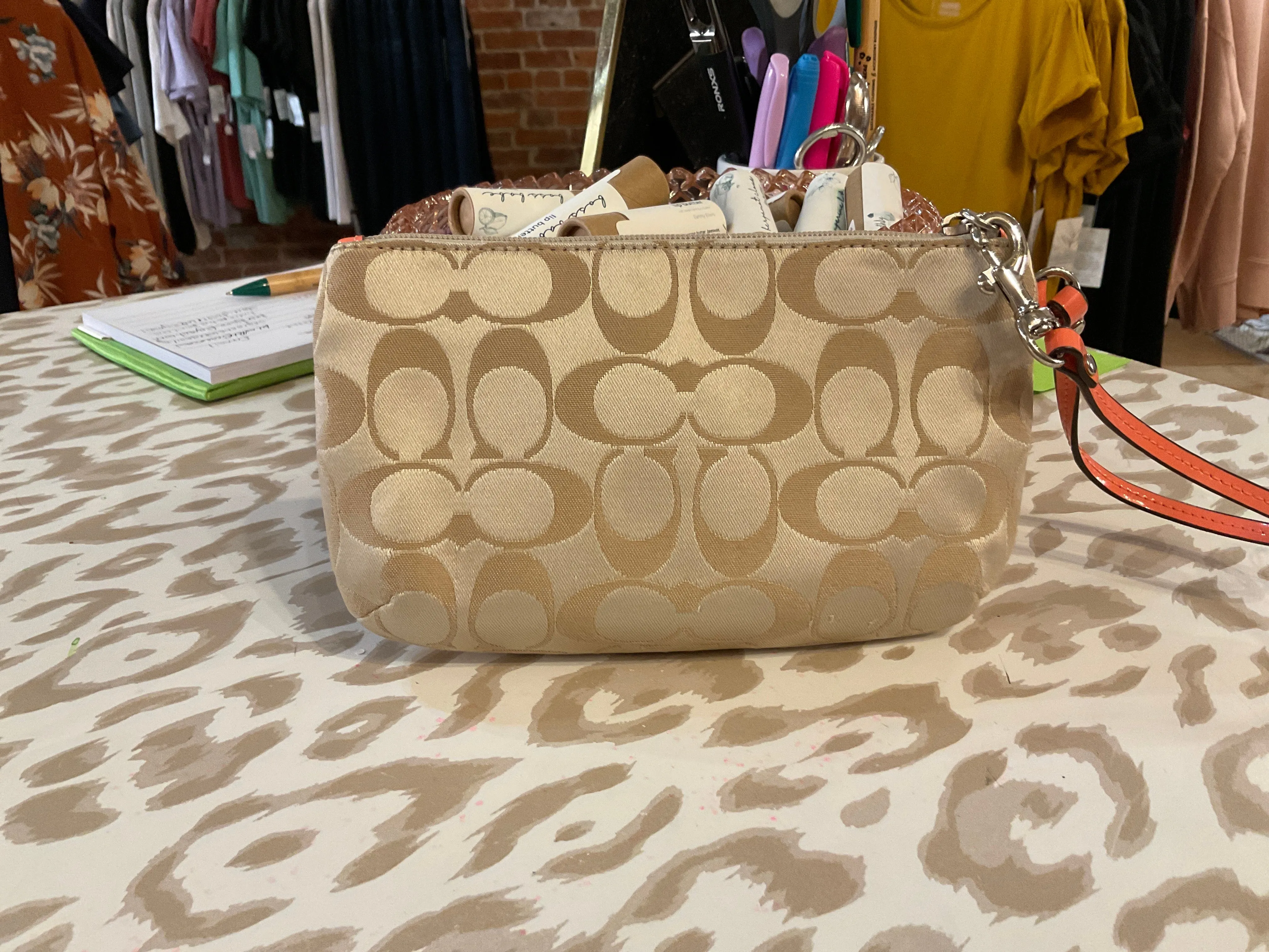 {{Client Code}} TAN/CORAL COACH wristlet