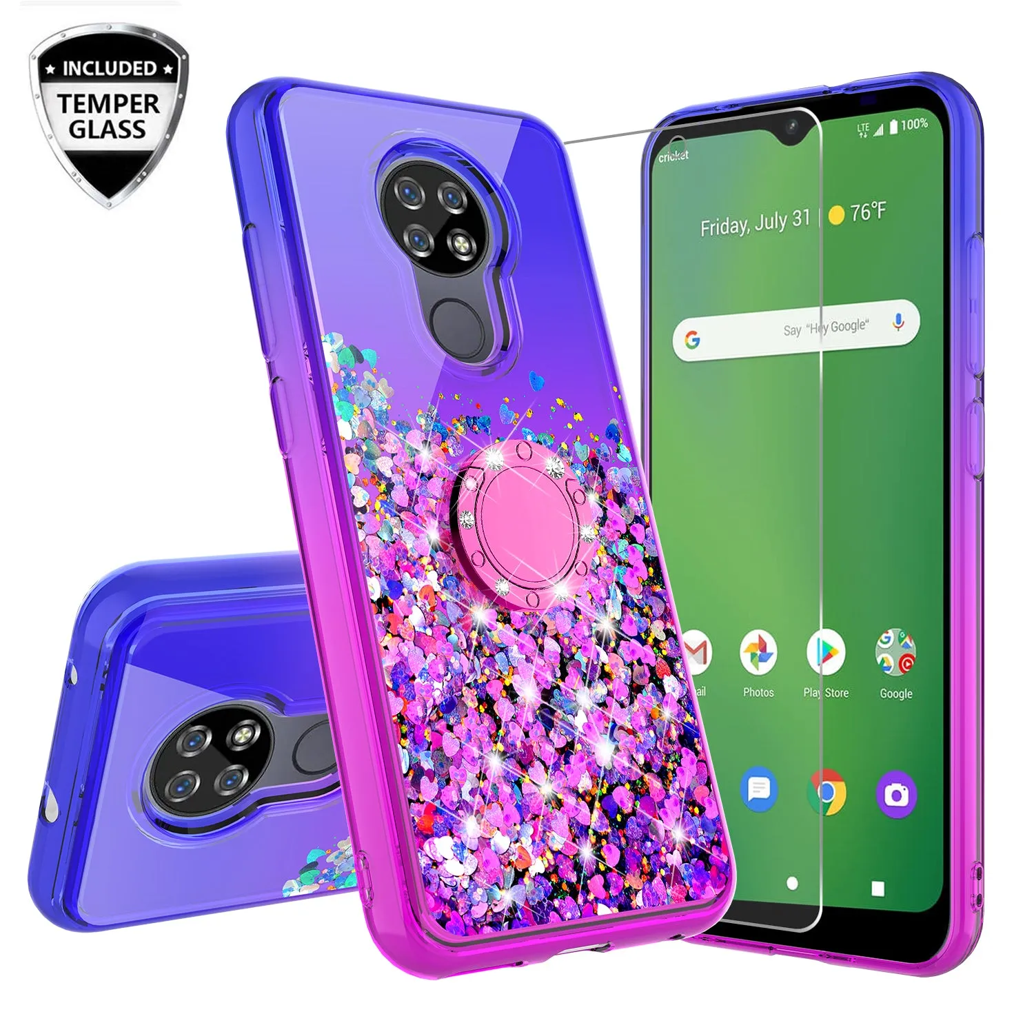 Cricket Ovation/AT&T Radiant Max Case, Ring Stand Liquid Floating Quicksand Bling Sparkle Protective Girls Women for Cricket Ovation/AT&T Radiant Max W/Tempered Glass - (Blue/Purple Gradient)