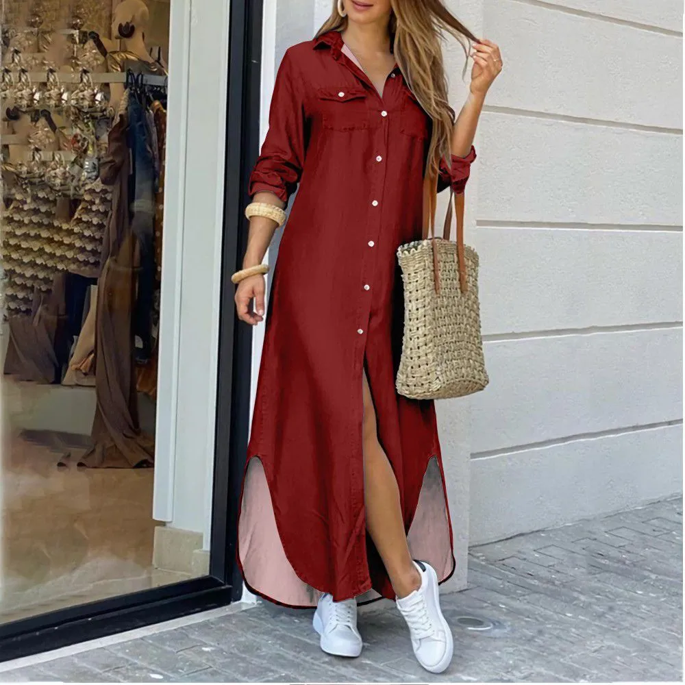 DEANWANGKT Cross-Border Women's Clothing  EBay New European and American Fall Winter Fashion Sexy Shirt Maxi Dress Women