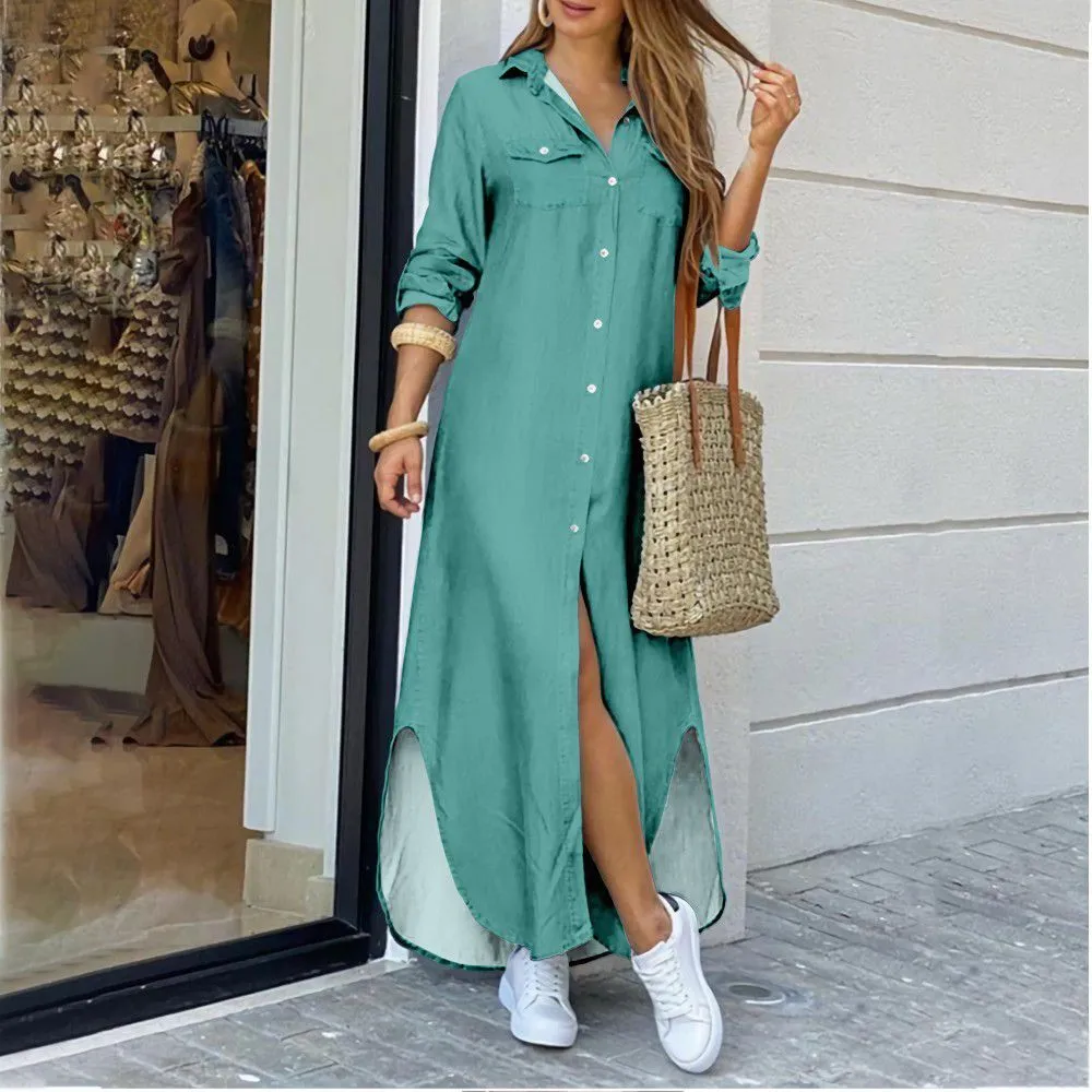 DEANWANGKT Cross-Border Women's Clothing  EBay New European and American Fall Winter Fashion Sexy Shirt Maxi Dress Women