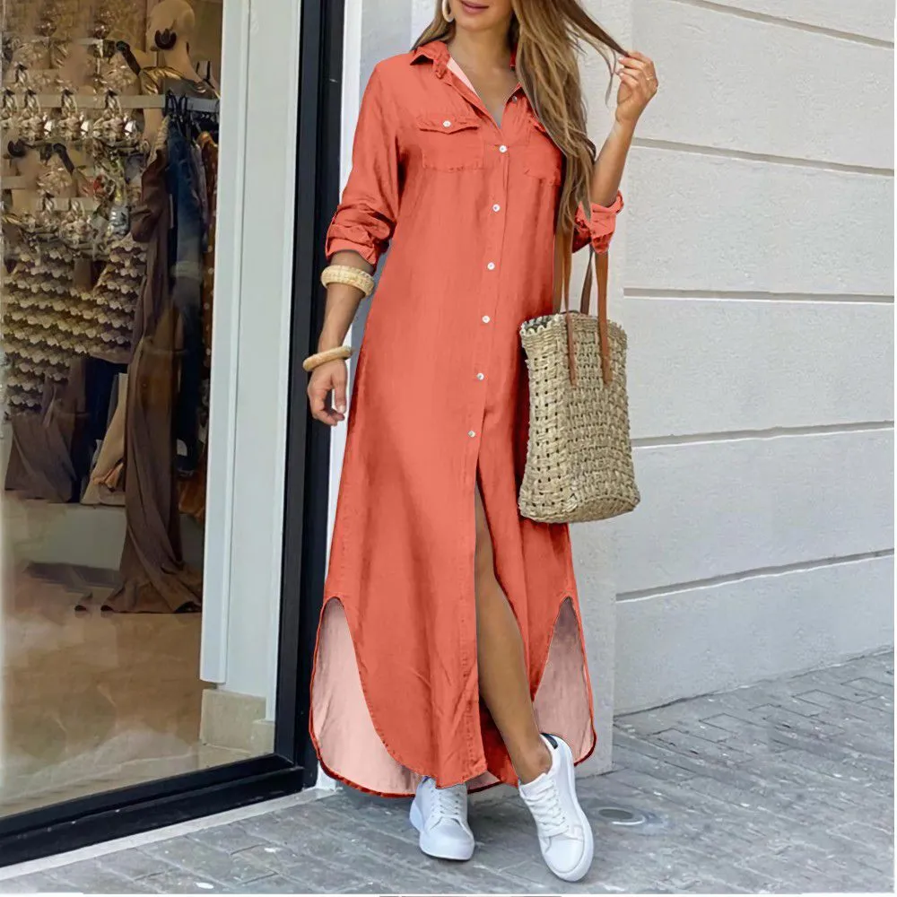 DEANWANGKT Cross-Border Women's Clothing  EBay New European and American Fall Winter Fashion Sexy Shirt Maxi Dress Women