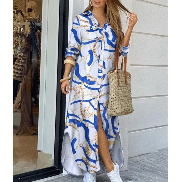 DEANWANGKT Cross-Border Women's Clothing  EBay New European and American Fall Winter Fashion Sexy Shirt Maxi Dress Women