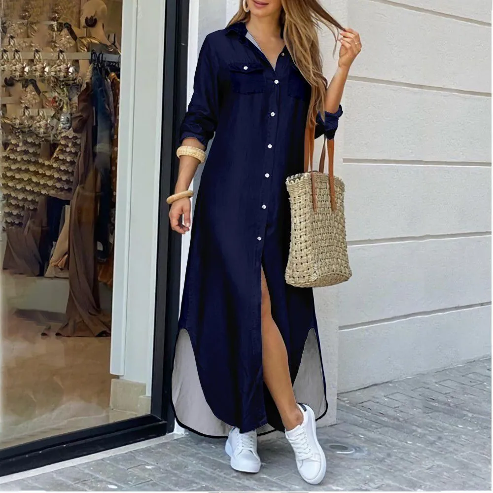 DEANWANGKT Cross-Border Women's Clothing  EBay New European and American Fall Winter Fashion Sexy Shirt Maxi Dress Women