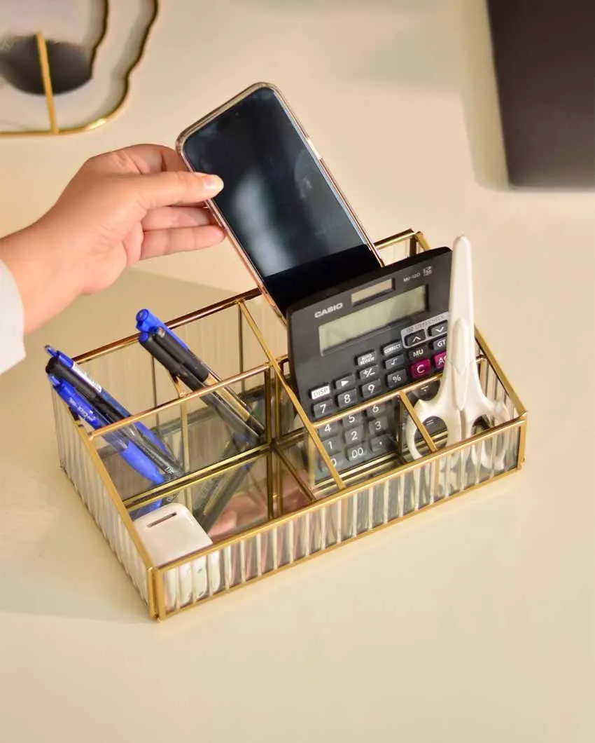 Elegant Fluted Glass Desk Make-Up & Toiletry Organizer | 11 x 6 x 4 inches