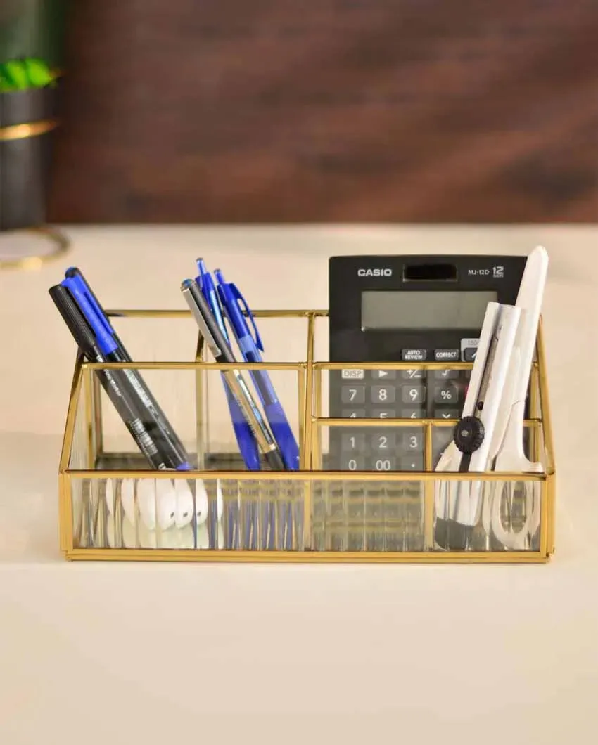 Elegant Fluted Glass Desk Make-Up & Toiletry Organizer | 11 x 6 x 4 inches