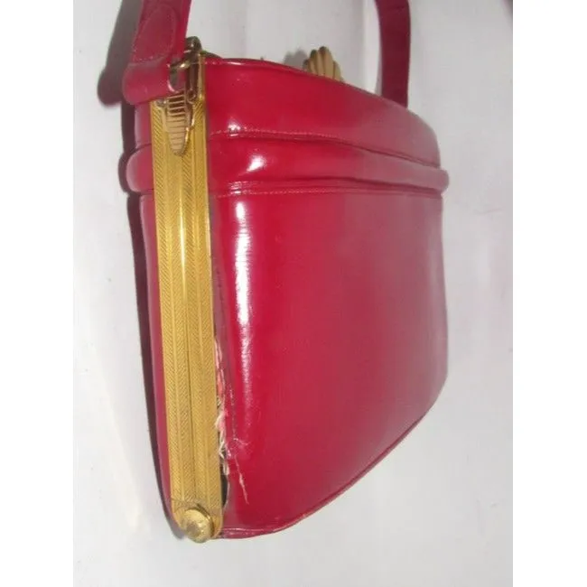 Evans Vintage True Red Leather And Engraved Gold Frame And Clasp Satchel