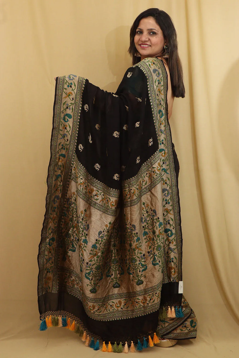 Exquisite Black Banarasi Georgette Saree with Paithani Border