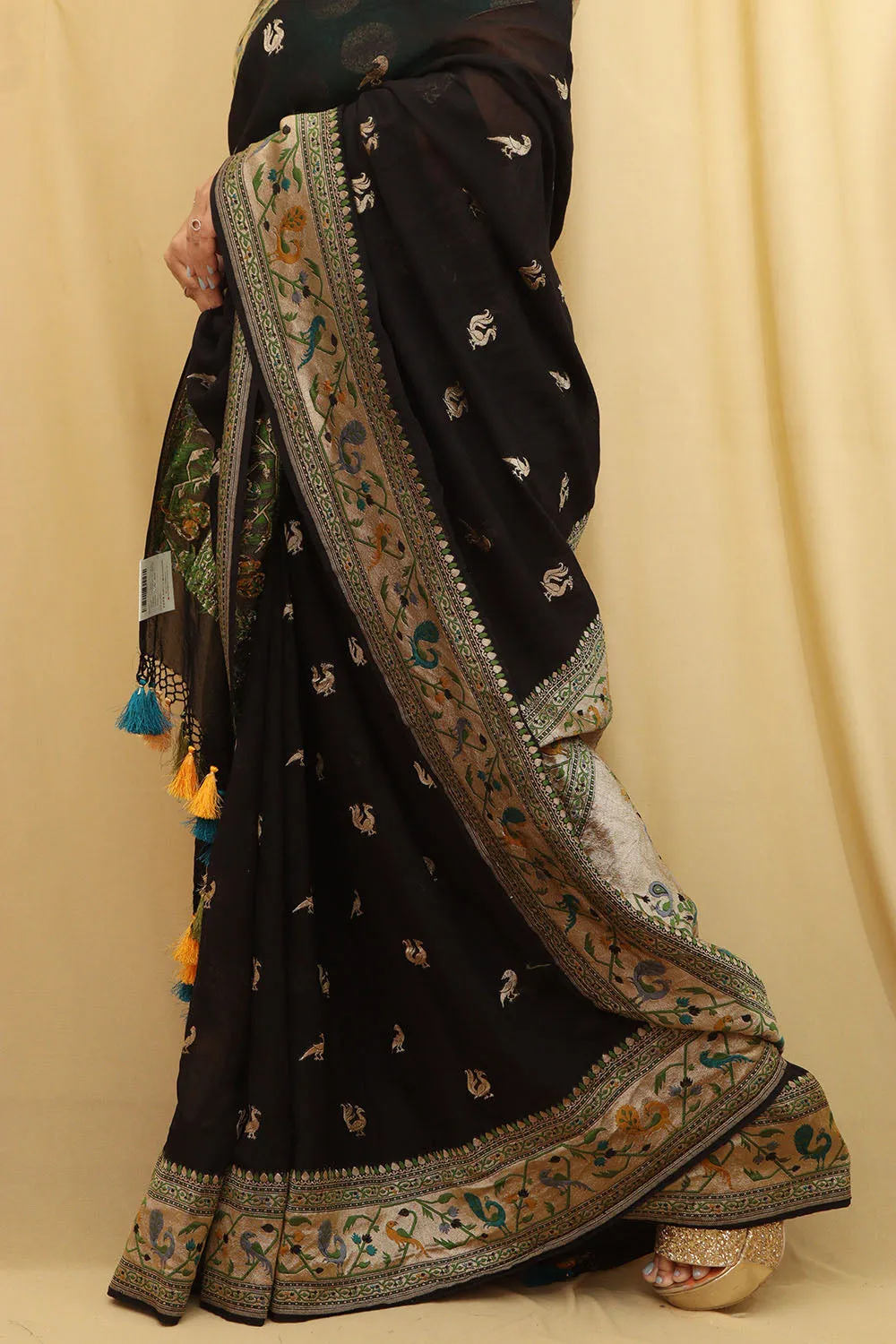 Exquisite Black Banarasi Georgette Saree with Paithani Border