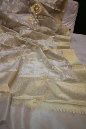 Exquisite Creme Pure Tissue Silk Handloom Banarasi Sari