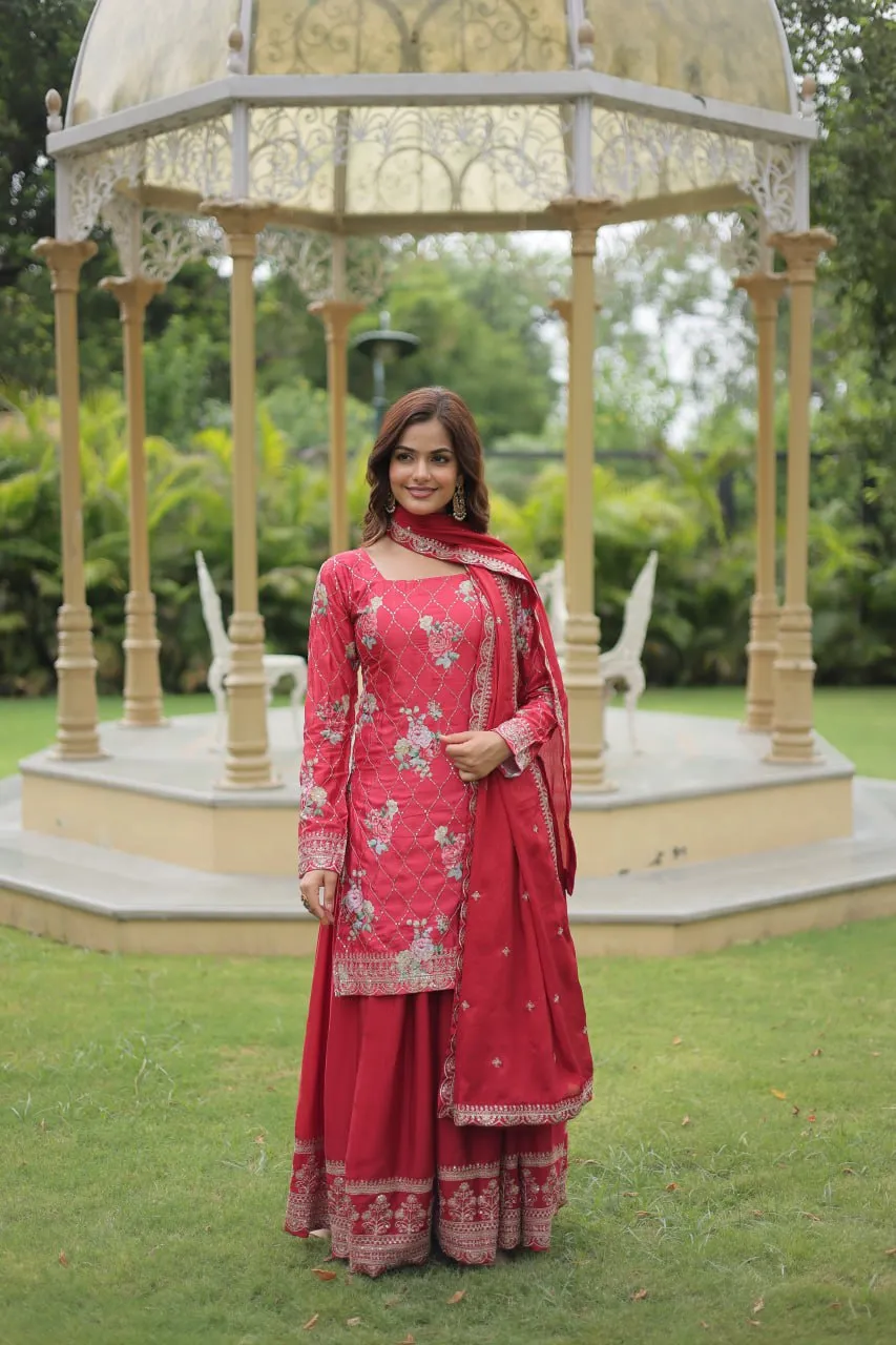 Exquisite Designer Printed and Embroidered Chinon Palazzo Set