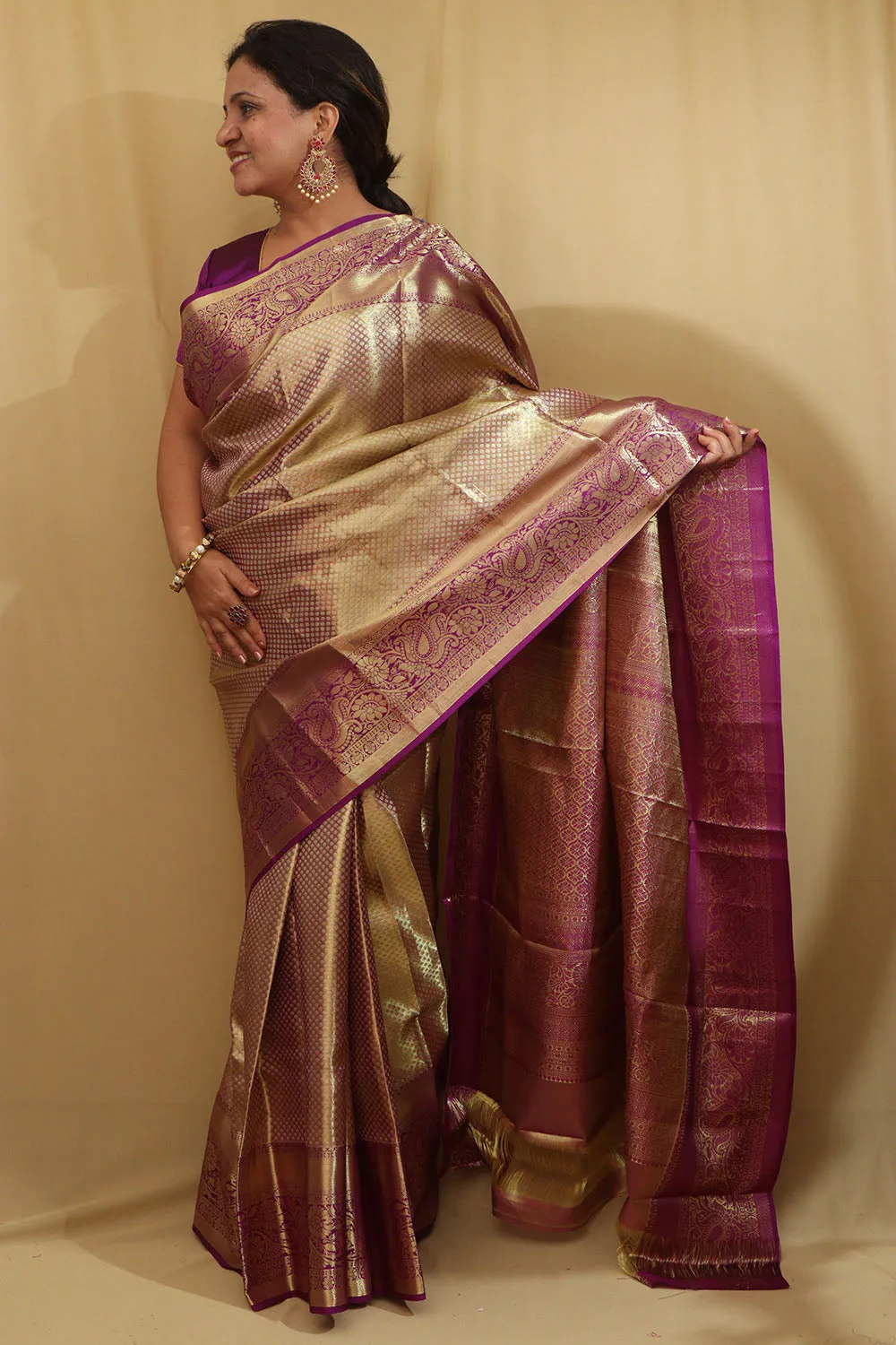 Exquisite Golden & Purple Kanjeevaram Silk Saree
