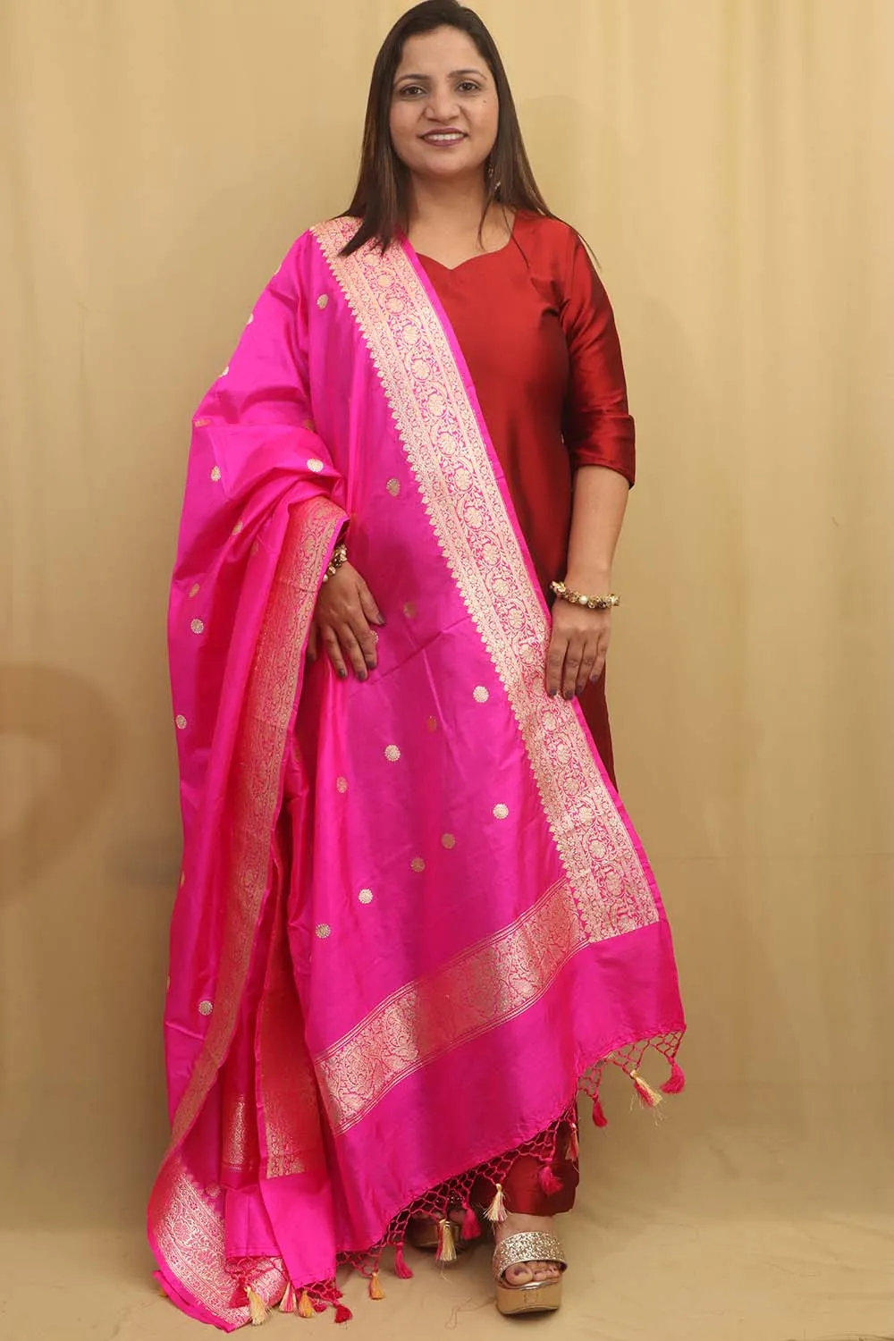 Exquisite Pink Handloom Banarasi Pure Katan Silk Dupatta
