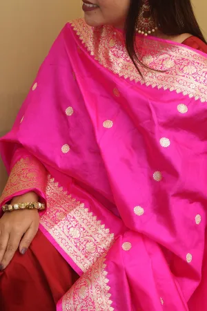 Exquisite Pink Handloom Banarasi Pure Katan Silk Dupatta