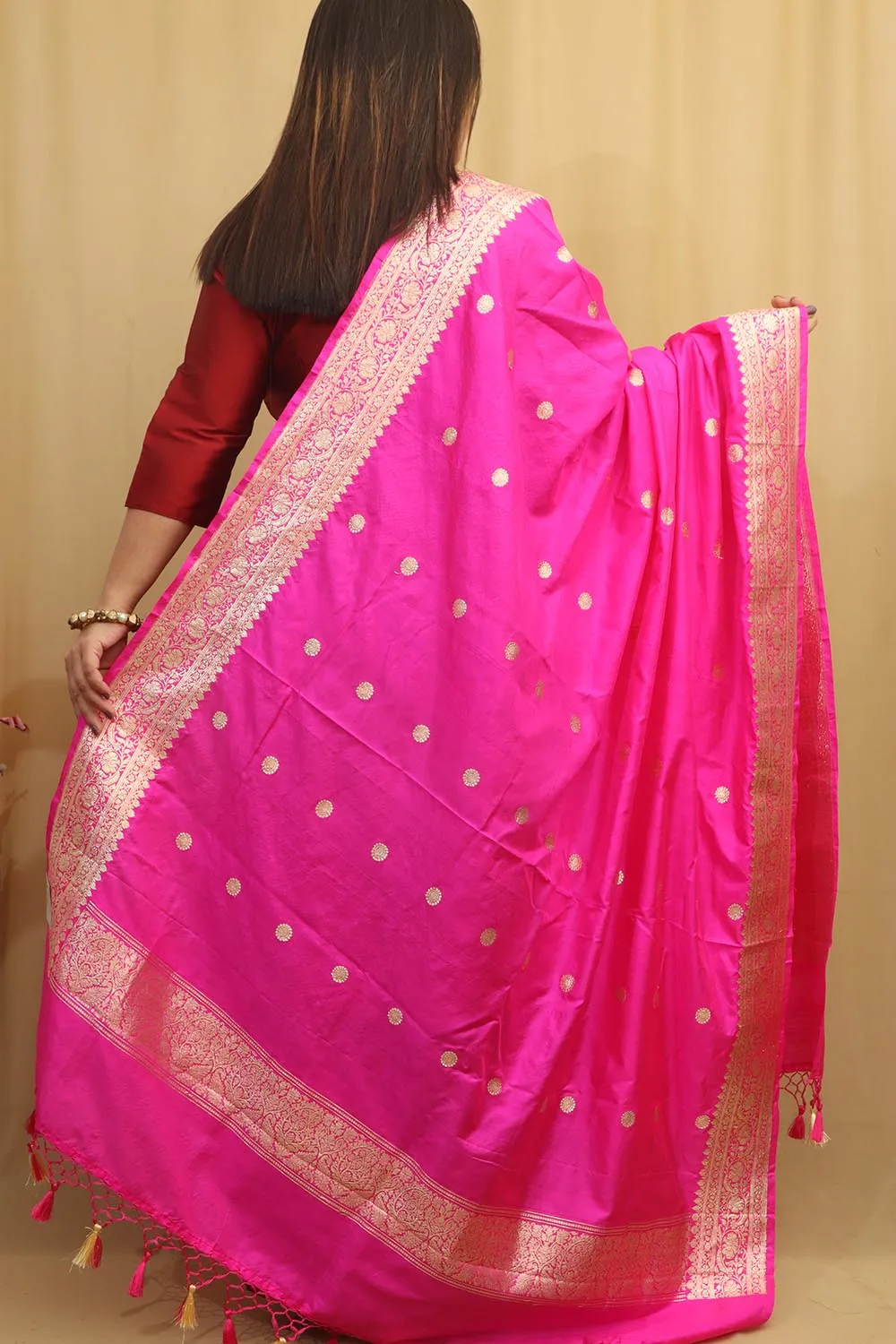 Exquisite Pink Handloom Banarasi Pure Katan Silk Dupatta