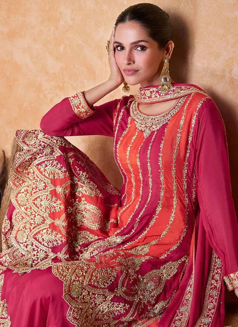 Exquisite Pink-Orange Embroidered Chinon Palazzo Suit