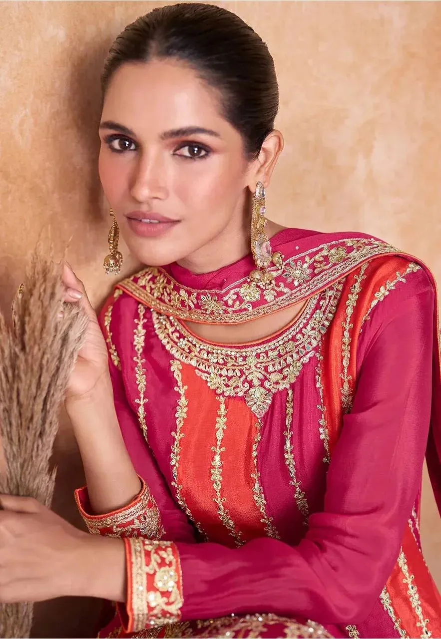Exquisite Pink-Orange Embroidered Chinon Palazzo Suit