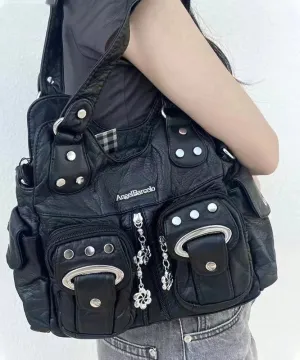 Fashion Black Rivet Faux Leather Satchel Handbag MM047
