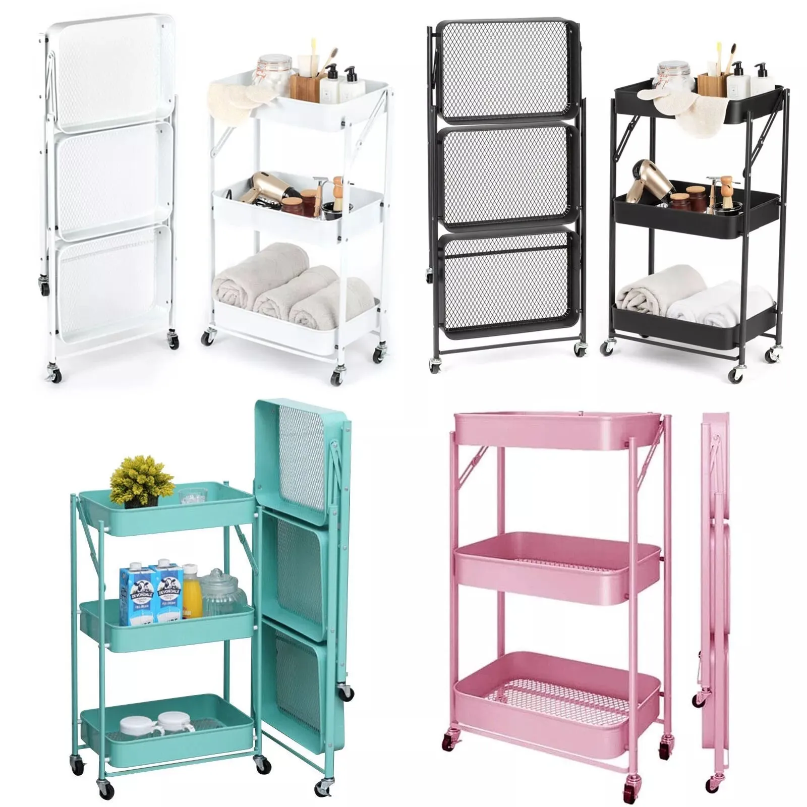 Foldable 3-Tier Metal Storage Organizer Rolling Cart | Black