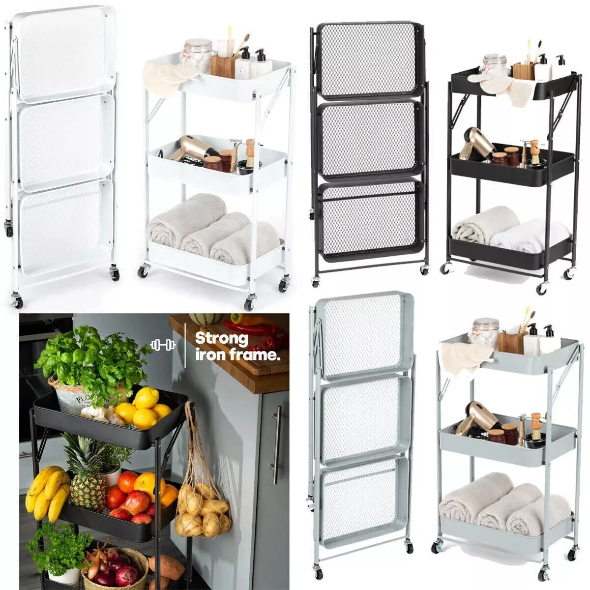 Foldable 3-Tier Metal Storage Organizer Rolling Cart | Black