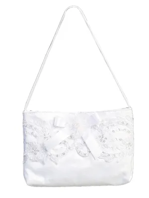 Girls White Corded Lace Bow Satin Communion Purse