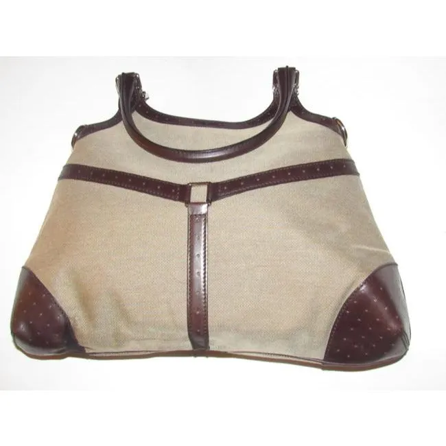 Gucci britt reins blondie, dark khaki canvas & brown leather, two handle, two-way- satchel or hobo style purse with an open top, red and green Sherry stripe and chrome GG accent