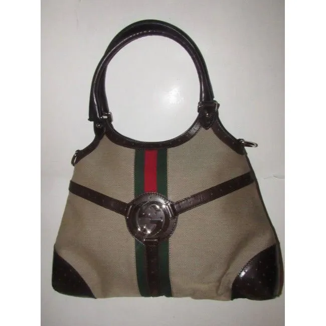Gucci britt reins blondie, dark khaki canvas & brown leather, two handle, two-way- satchel or hobo style purse with an open top, red and green Sherry stripe and chrome GG accent
